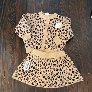Old Navy Beige Knit Leopard Cardigan and Skirt Set with Pink and Black Spots